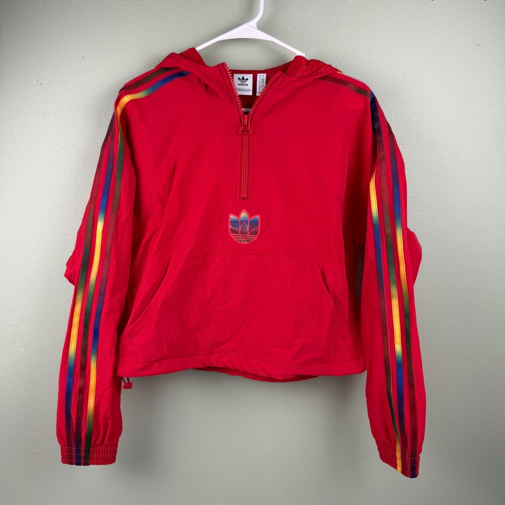 Adidas Originals Womens Red Rainbow Stripe Half Zip Windbreaker Jacket Sz S Crop